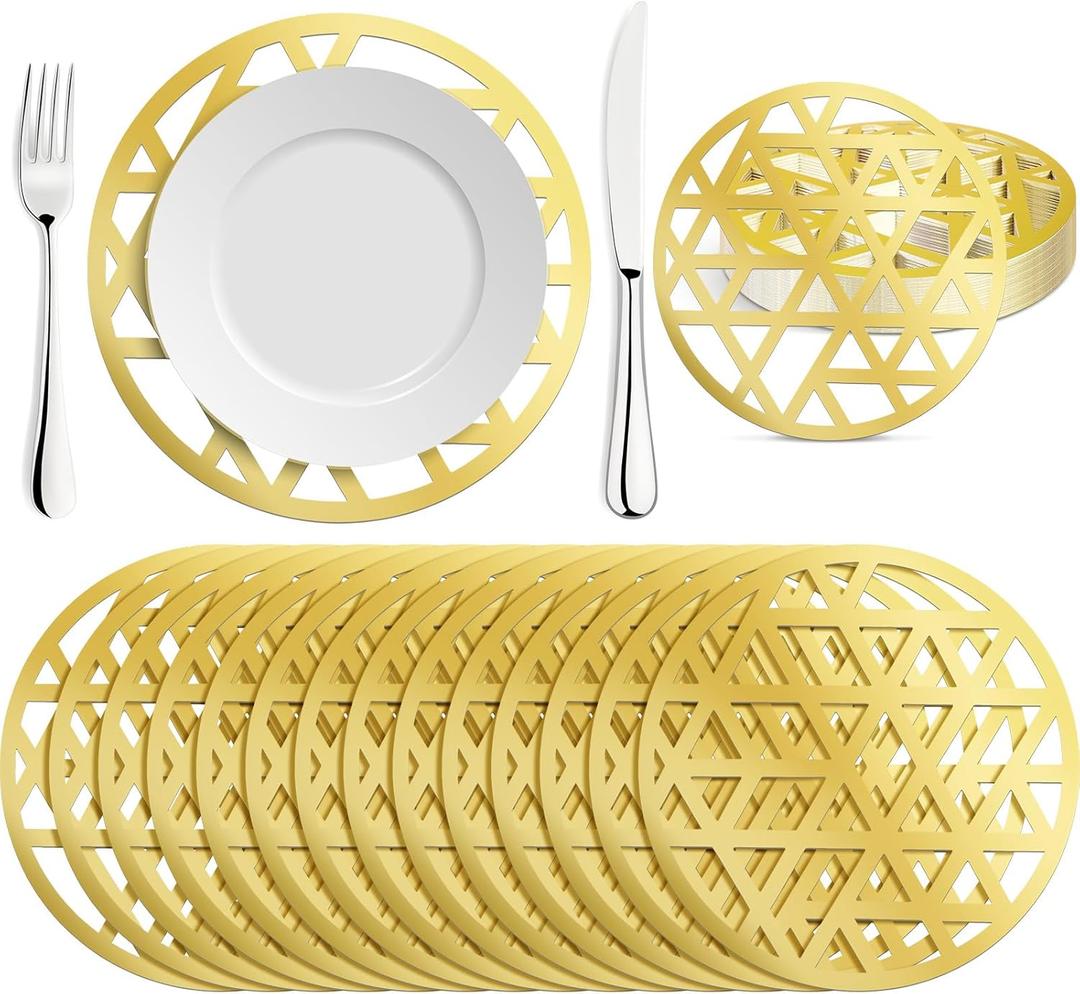 Tinlade 50 Pcs Gold Round Paper Placemats Bulk 12 Inch Gold Laser-Cut Geometric Pattern Charger Placemats for Modern Weddings Dinner New Years Eve Festive Party Birthday Table Decoration