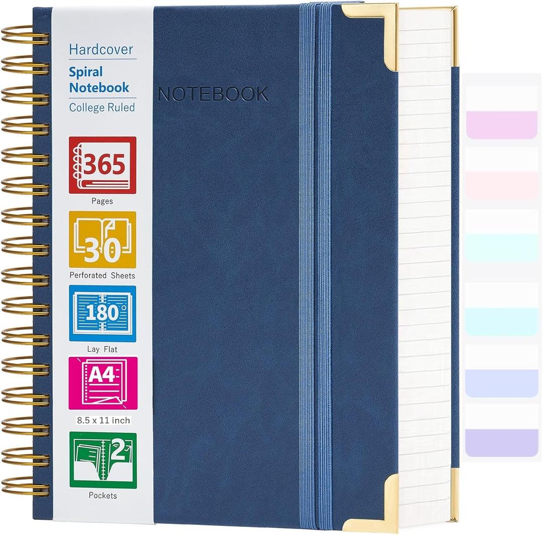 Spiral Notebook, 365 Page Hardcover College Ruled Notebook, 8.5" x 11", Large Leather Notebook Journal for Men Women, A4 Notebooks for Work School Notes, Journals for Writing, 24pcs Index Tabs, Blue
