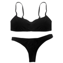 Womens Sexy Two Pieces High Cut Thong Swimsuits Solid Color Padded Push Up Bikini Sets Black M