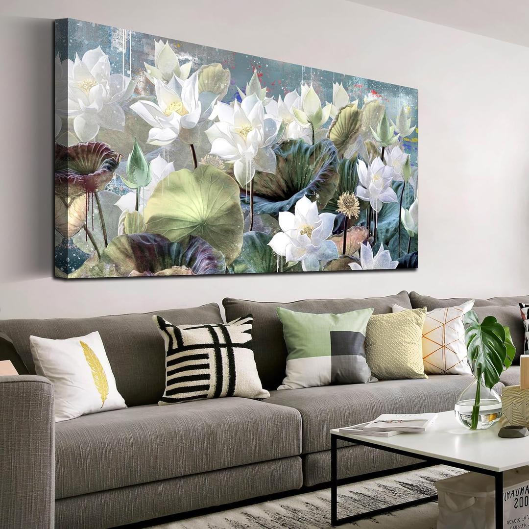 Large Flower Wall Art for Living Room, Vintage White Lotus Picture Wall Art Bedroom Decor, Nature Teal Floral Painting for Home Office, 29 x 59 Inch
