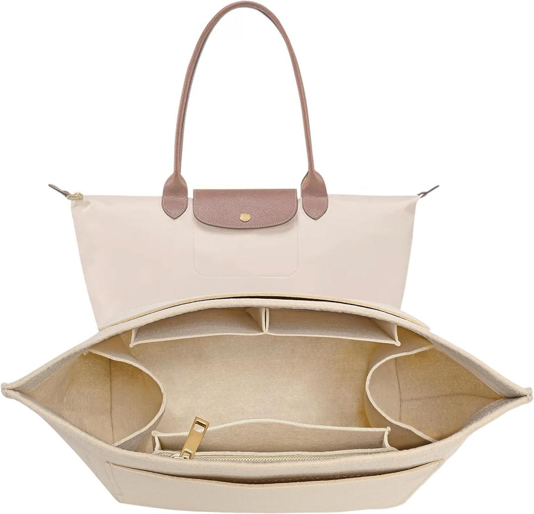 Purse Organizer Insert for Longchamp Le Pliage L Handbag Insert Felt Long Champ Tote Bag Organizer Insert with Cup (Beige, Large)