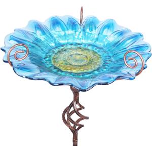 Bird Baths for Outdoors, Glass Birdbaths Outdoor Garden Birdfeeder with Metal Stake Blue (Height:31inch)