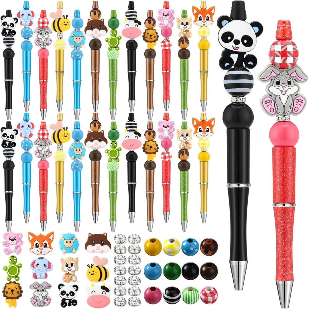 Ctosree 36 Sets Beadable Pens DIY Cute Animal Silicone Beads Beadable Pen Bead Ballpoint Pen Black Ink Bulk School Gift Pen for Office School Kid Students Halloween Thanksgiving Gift