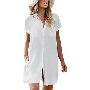 AI'MAGE Womens Bathing Suit Cover Ups Summer Shirt Dress Casual Short Sleeve Button Down Beach Shirts with Pockets S-XXL (Large, Blue)