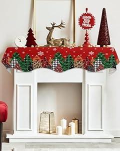 ZFUNCING Christmas Grid Leopard Xmas Tree Mantel Scarf Fireplace Top Runner, Mantel Scarves Cover Table Runners for Home Daily Use Holiday Party Decor 70x17in, Winter Snowflake Texture on Red