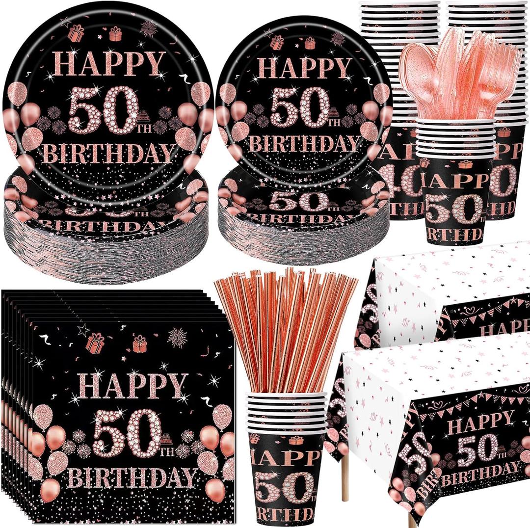 452 Pcs 50th Birthday Decorations for Women Black and Rose Gold 50th Birthday Paper Plates Cups Napkins Tablecloth Cutlery Straws for Girls Women 50 Year Old Party Supplies for 50 Guests