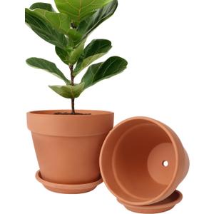 INGOFIN Terracotta Pot Set of 2 with Saucer - 10 Inch Ceramic Clay Pot for Plants with Drainage Hole, Large Terra Cotta Flower Planter with Tray for Indoor Outdoor Plants  10/10 inch -2 pcs