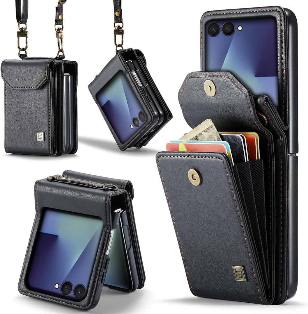 ASAPDOS Crossbody Case Compatible with Samsung Galaxy Z Flip 7,Retro PU Leather Strap Wristlet Flip Case with Magnetic Closure and Card Holder for Men Women Black