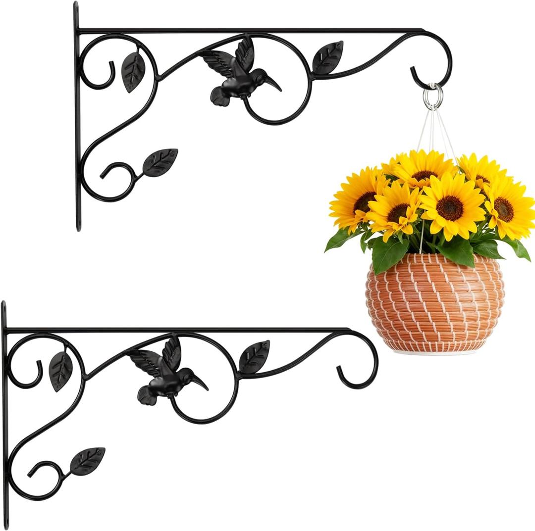Elegant Bird Pattern Wall Hooks - Metal Plant Hangers for Indoor & Outdoor - Rust-Resistant Bracket for Plants, Feeders, Chimes, Lanterns (Black, 2 Pack - 14 inch)