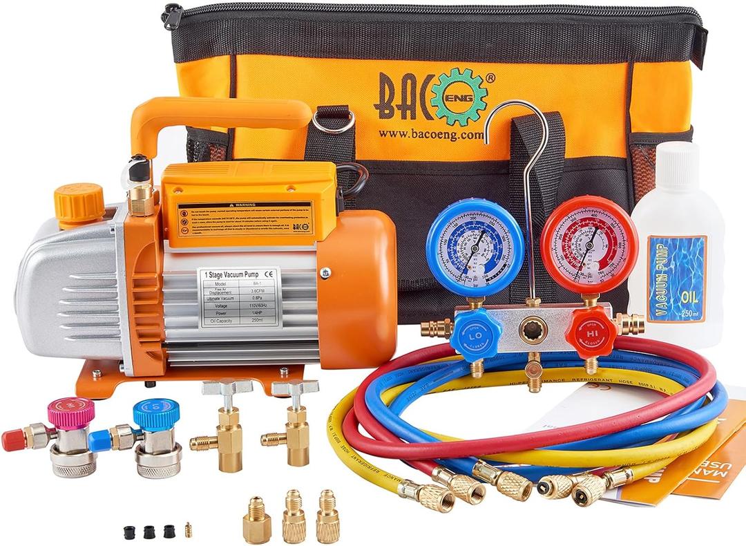 BACOENG 3.6CFM 1/4HP AC Vacuum Pump and Gauge Set, HVAC Vacuum Pump Kit for AUTO Air Conditioning System, Manifold Gauge Set for R134a R12 R410a Refrigerants - w/ R134a Can Tap and Quick Couplers