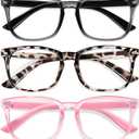 Okany Blue Light Glasses for Kids 3 Pack Blue Light Blocking Glasses for Girls Boys Computer Gaming Screen Glasses, Anti Glare Eyestrain Teen Fashion Glasses Age 3-10 (Grey Black,Leopard,Pink)
