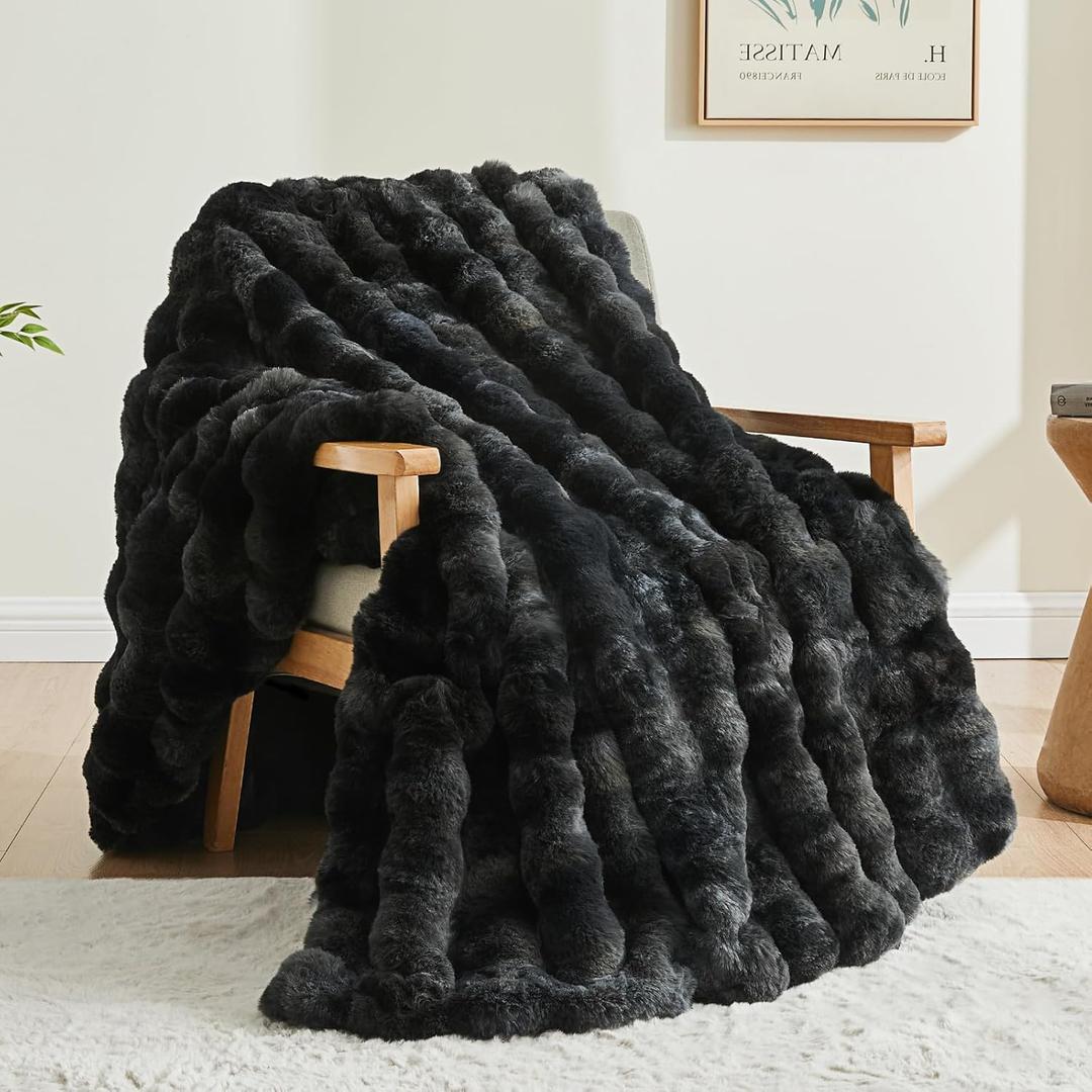 BEDELITE Faux Fur Throw Blanket for Couch, Decorative Tie-Dye Black Plush Bubble Blanket - Super Soft & Cozy Fluffy Faux Rabbit Fur Blanket for Women Gift, 50x60 Inches