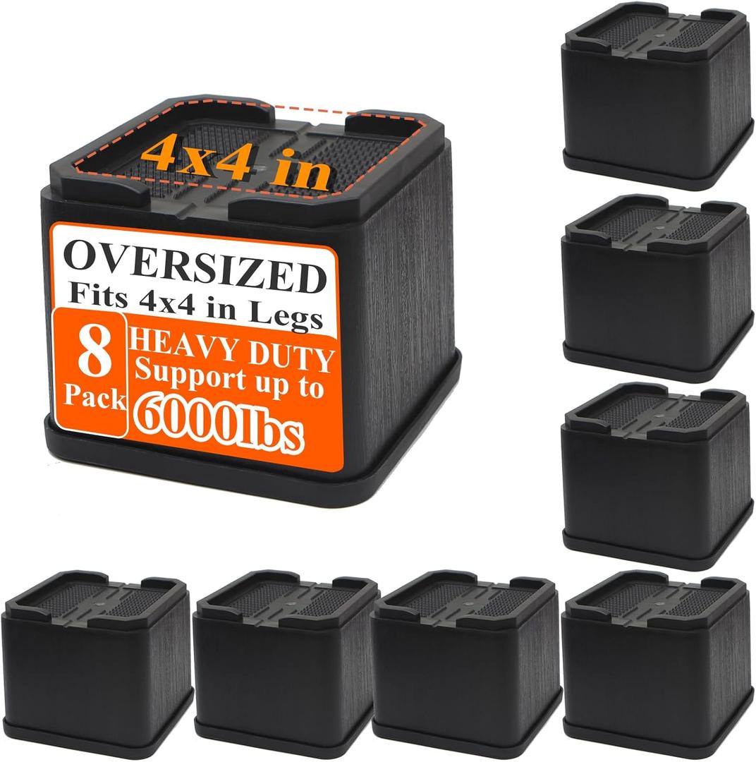 Bed Risers Oversized 4 Pack, 4 Inch Heavy Duty Furniture Risers Support Up to 6000lbs, Adjustable 8 Inch Bed Raising Blocks Couch Risers for College Dorm Rooms, Tables, Desks (4 Inch-4 Pack)