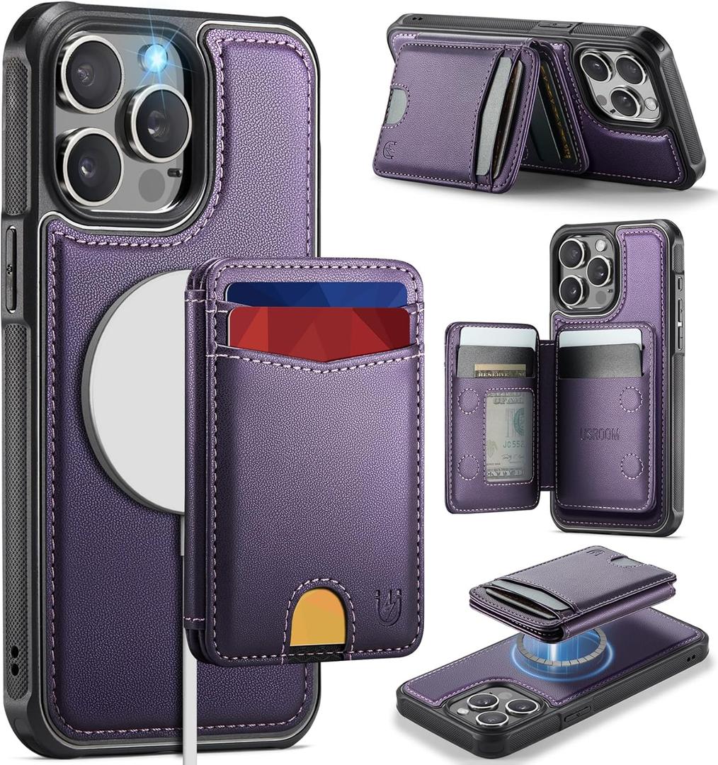 for iPhone 14 Pro Wallet Case Compatible with Magsafe, Magnetic RFID Blocking Card Holder Kickstand 2 in 1 Detachable Case for iPhone 14 Pro 6.1", Purple