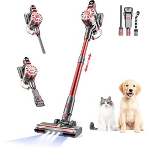 Cordless Vacuum Cleaner,Vacuum Cleaners for Home with Super Suction,Lightweight Stick Vacuum with 35 Mins Runtime,Rechargeable Cordless Vacuum for Carpet, Tile, Pet Hair, Hardwood Floors(Red)