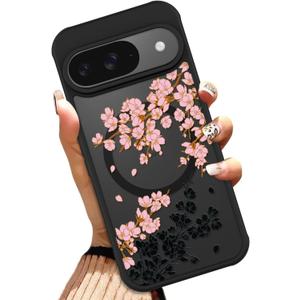 OOK Case for Google Pixel 9/9 Pro 6.3 Inch (Compatible with MagSafe) Floral Flowers Design Translucent Phone Cover Soft TPU + Hard PC Anti-Scratch Shockproof Magnetic Cute Case for Women - Pink