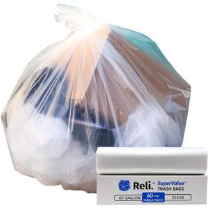 Reli. SuperValue 65 Gallon Bags | 60 Count | Made in USA | Heavy Duty | Clear Multi-Use Garbage Bags