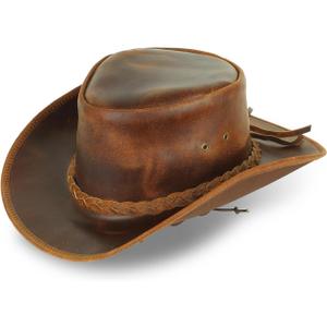 Genuine Leather Cowboy Hat for Men & Women  Western Outback Hat with Chin Strap & Sun Protection (Medium, Brown)