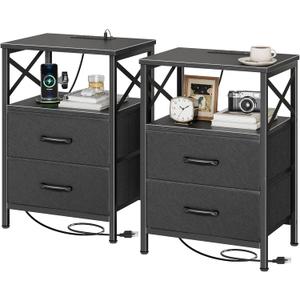 Huuger Nightstands Set of 2, Night Stand with Charger Station, 2 Drawer Side Table with Open Shelf, USB-C Port, End Table for Small Spaces, X Shaped Side Rail, Black