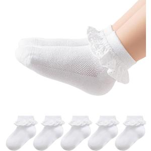Funjoon 2-8Y Girls Toddler Little Girls White Ruffle Socks Dress Lace Frilly Cute Ankle Cotton School Socks