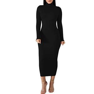 BORIFLORS Women's Sexy Basic Long Sleeve Turtleneck Bodycon Party Long Pencil Dress,X-Large,Black