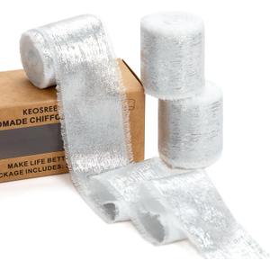 KEOSREE Cream White Silk Chiffon Ribbon,Frayed Shimmery Silk Ribbon for Bridal Flower Bouquet Christmas Gift Wrapping Wedding Decor Invitations Decorations 1.5" x 15 Yards (5Yards X 3 Rolls)
