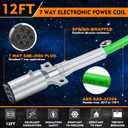 7 Way ABS Cord, 12FT 7 Way Coiled Trailer Cord, Heavey Duty Electrical Power Cable for Semi Truck Tractors - Green
