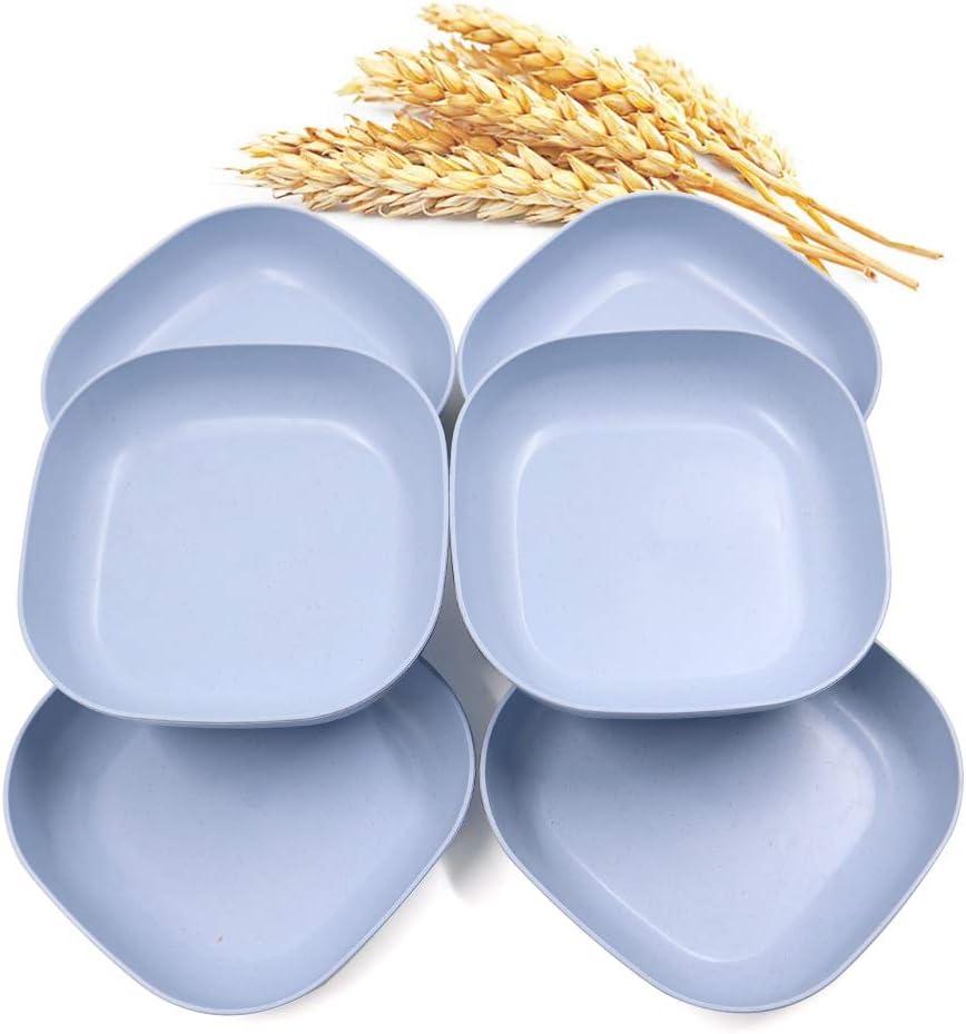 6 PCS 5.7inch/14.5cm Square Lightweight Wheat Straw Plates, Deep Dinner Dishes, Camping Dinnerware for Serving pasta fruit(Blue)