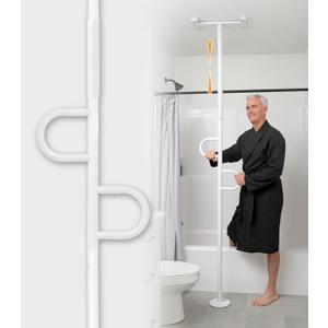 Stander Double Handle Non-Rotating Floor to Ceiling Grab Bar, No-Drill Tension Mounted Transfer Pole for Seniors, Bath Safety & Bedside Assist Rail for Home Standing Support & Fall Prevention, White
