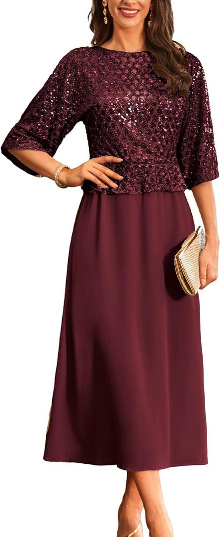 GRACE KARIN Mother of Bride Dresses 2025, 3/4 Sleeve Sequin Dress Maxi, Elegant Wedding Guest Dress Formal Cocktail (Small, Burgundy)