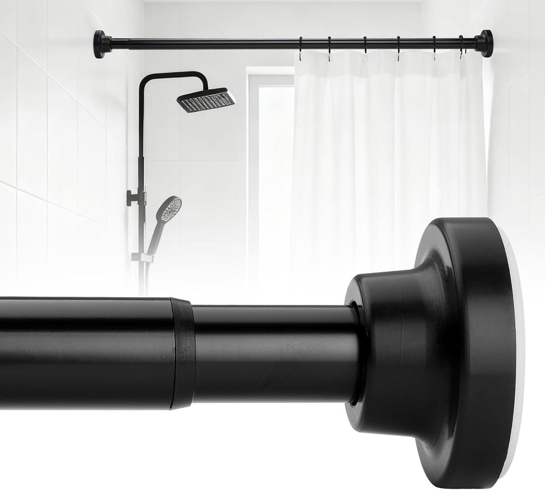 Black Shower Curtain Rods 17-83 Inch, Adjustable 1" Diameter Drapery Telescoping Curtain Rods for Bathroom,No Drill Anti-Rust Non-Slip Heavy Duty Spring Tension Shower Rod