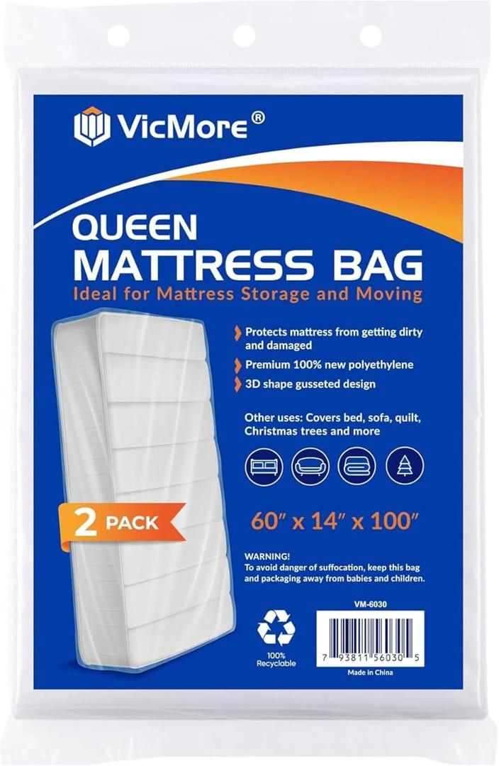 VICMORE Queen Mattress Bags 2-Pack for Moving & Storage - 1.5 Mil Clear Plastic Queen Mattress Moving Bags, Dust Protection,Queen, 2-Pack - Standard Protection (1.5 Mil)