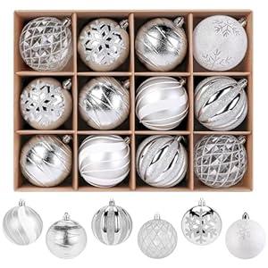 SHareconn 80mm Christmas Balls Ornaments, 12PCS Colored Shatterproof Plastic Decorative Hanging Tree Decorations Baubles Set for Xmas Tree Holiday Party Wedding Decoration with Lanyard, Silver & White