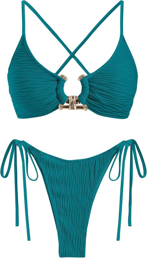 ZAFUL Women's Bikini Sets Ribbed Metal O Ring Criss Cross Two Piece Swimsuit Cheeky High Cut Side Tie Thong Bathing Suit, M