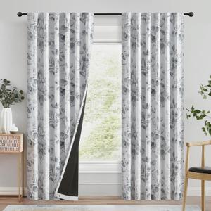 100% Blackout Curtains Grey Floral Pattern Curtains 84 Inches Long for Bedroom Watercolor Leaf Print Thermal Insulated Drapes for Living Room Darkening Rod Pocket Window Curtains 2 Panels (Back Tab | Grey)