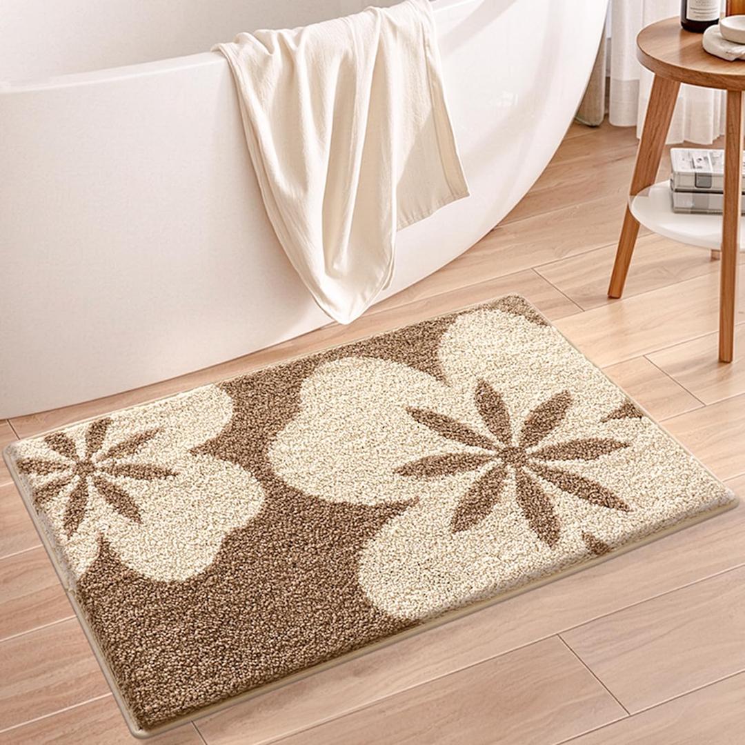 Flower Pattern Bath Rug Mat  Super Absorbent, Non-Slip Bathroom Carpet with Thick Plush, Soft and Durable for Bathroom, Bedroom, Kitchen, Living Room, Machine Washable (1'8" x 2'8" (Rectangular), Brown)