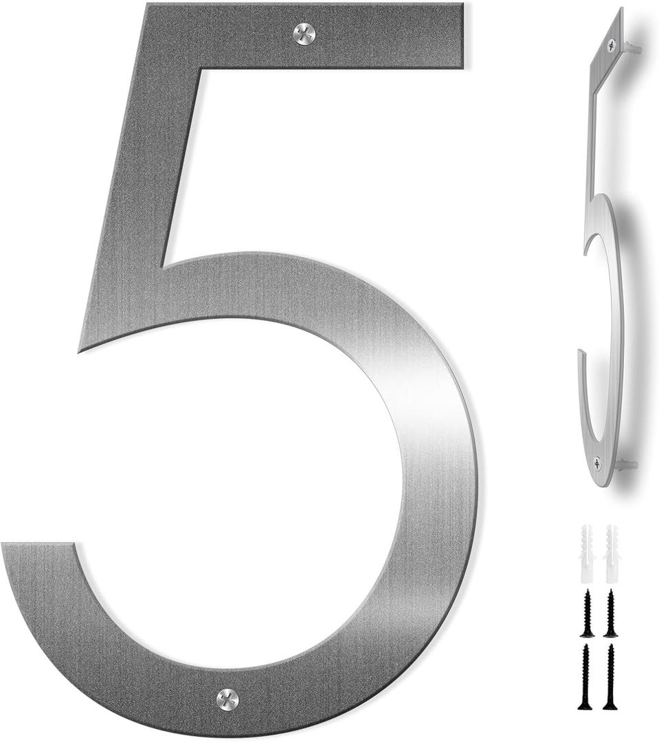 12 Inches House Numbers for Outside Modern House Address Numbers Metal Floating Home Address Sign for Outdoor from 0-9(Silver 5)