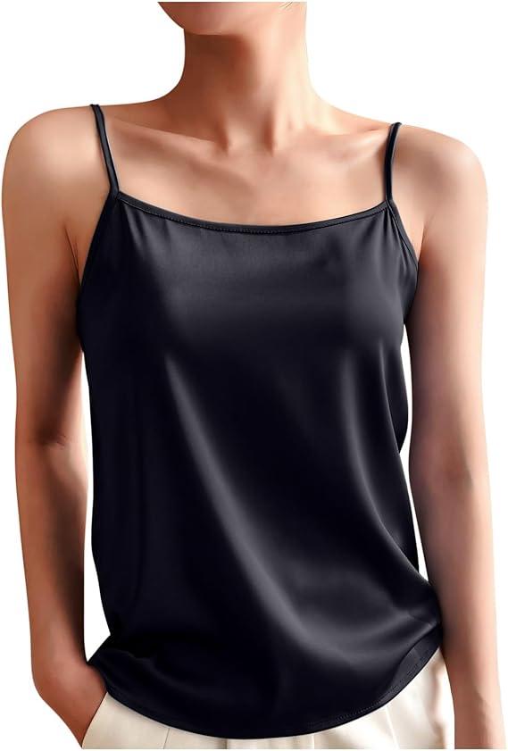 Women's Silk Satin Spaghetti Strap Tank Top - Summer Sleeveless Sexy Solid Color Blouse T-Shirt, Size 36