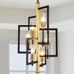 Wellmet Black Gold Chandelier Light6-Light Brass Geometric Chandeliers for Dining Room, Modern Pendant Lighting Fixture Hanging for Foyer Kitchen Island Entryway, Metal Frame with Glass Shade