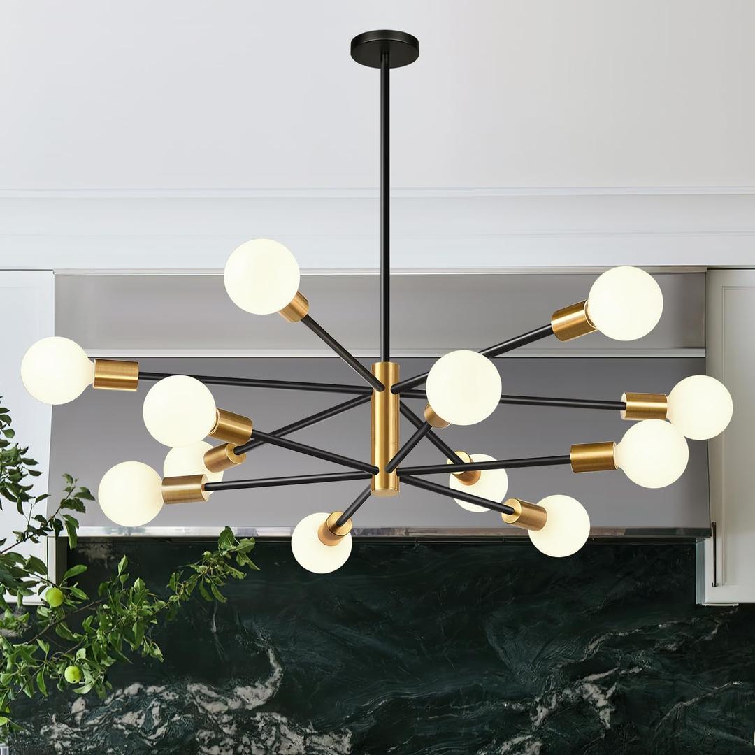 33" Modern Chandelier Ceiling Light Fixture, 12-Light Sputnik Chandeliers Gold and Black Mid Century Chandelier Over Table, Height Adjustable Chandeliers for Dining Room Living Room Kitchen Island