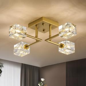 Modern Gold Sputnik Chandeliers 4-Light Crystal Semi Flush Mount Ceiling Light Fixture Industrial 18" Chandelier for Hallway Entryway Kitchen Bedroom Dining Room