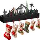 Christmas Nativity Wooden Box with Stocking Hanger Christmas Stocking Holder for Mantel Nativity Multipurpose Table Centre piece Box with 6 Hooks Wooden Table Centre piece for Xmas Entryway