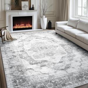 RELEANY 5x7 Area Rug Vintage Machine Washable Low Pile Carpet No Shedding Area Rugs for Living Room Bedroom Dining Room Kitchen Entryway Hallway Office Indoor-Grey/White