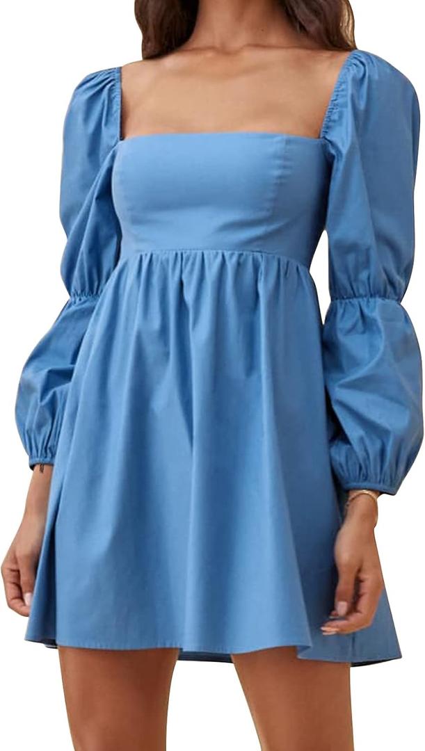 EXLURA Womens 2026 Square Neck Dress Long Puff Sleeve A-Line Casual Short Mini Dresses (Blue, XL)
