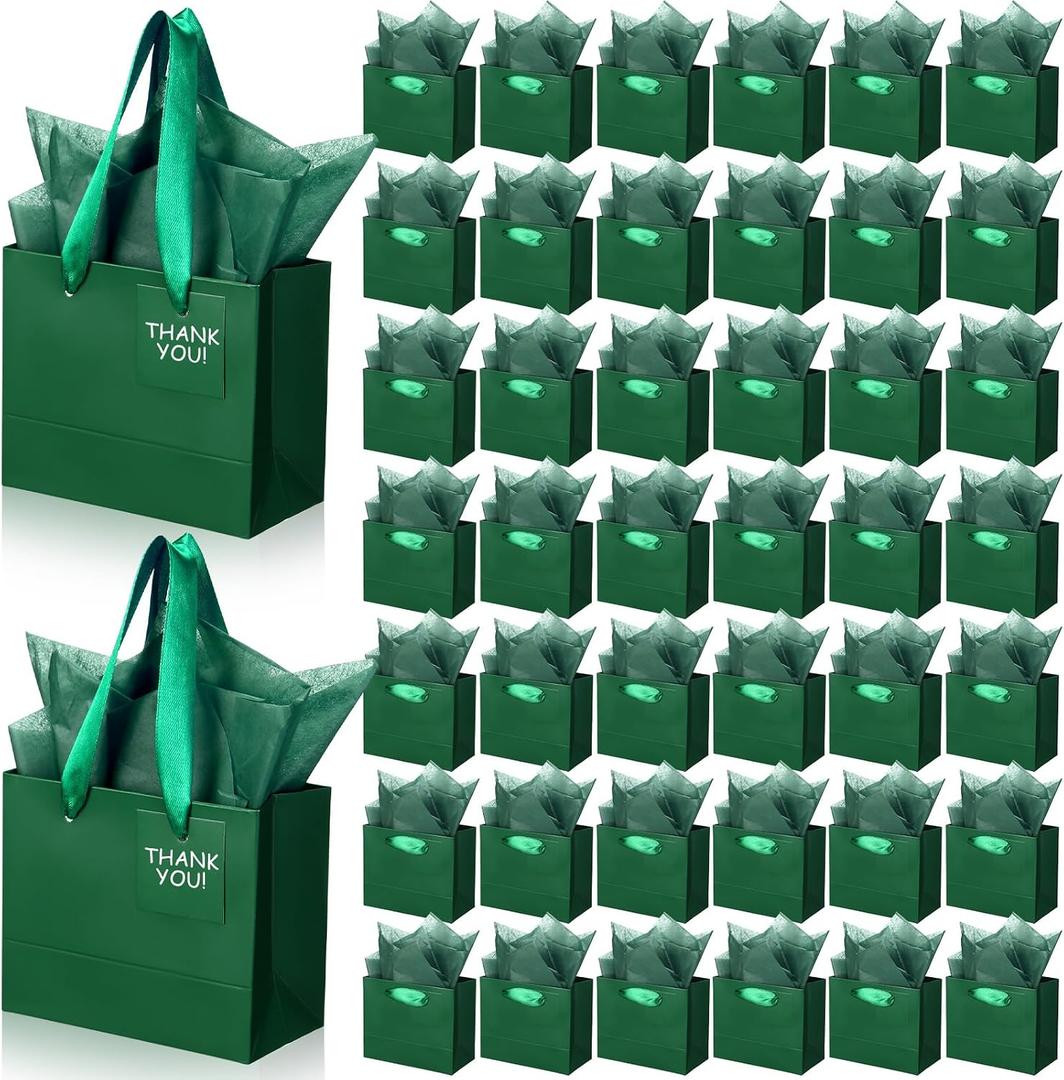 Zhanmai 100 Pcs 4.7 x 2.4 x 3.9 Inch Mini Gift Bags Bulk with Tissue Paper Small Kraft Paper Bag with Handle Gift Tag for Birthday Party, Wedding, Graduation, Mother's Day, Father's Day(Dark Green)