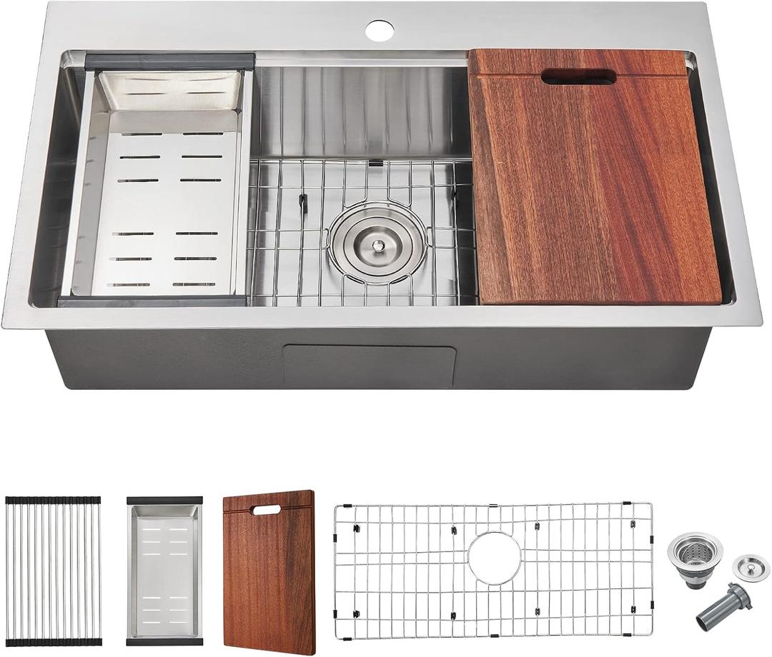 TSIBOMU 32-inch Workstation Sink Drop in, Single Faucet Hole Single Bowl Kitchen Sink 18 Gauge Stainless Steel Handmade Sink with Integrated Ledge, 32"x18"x9"