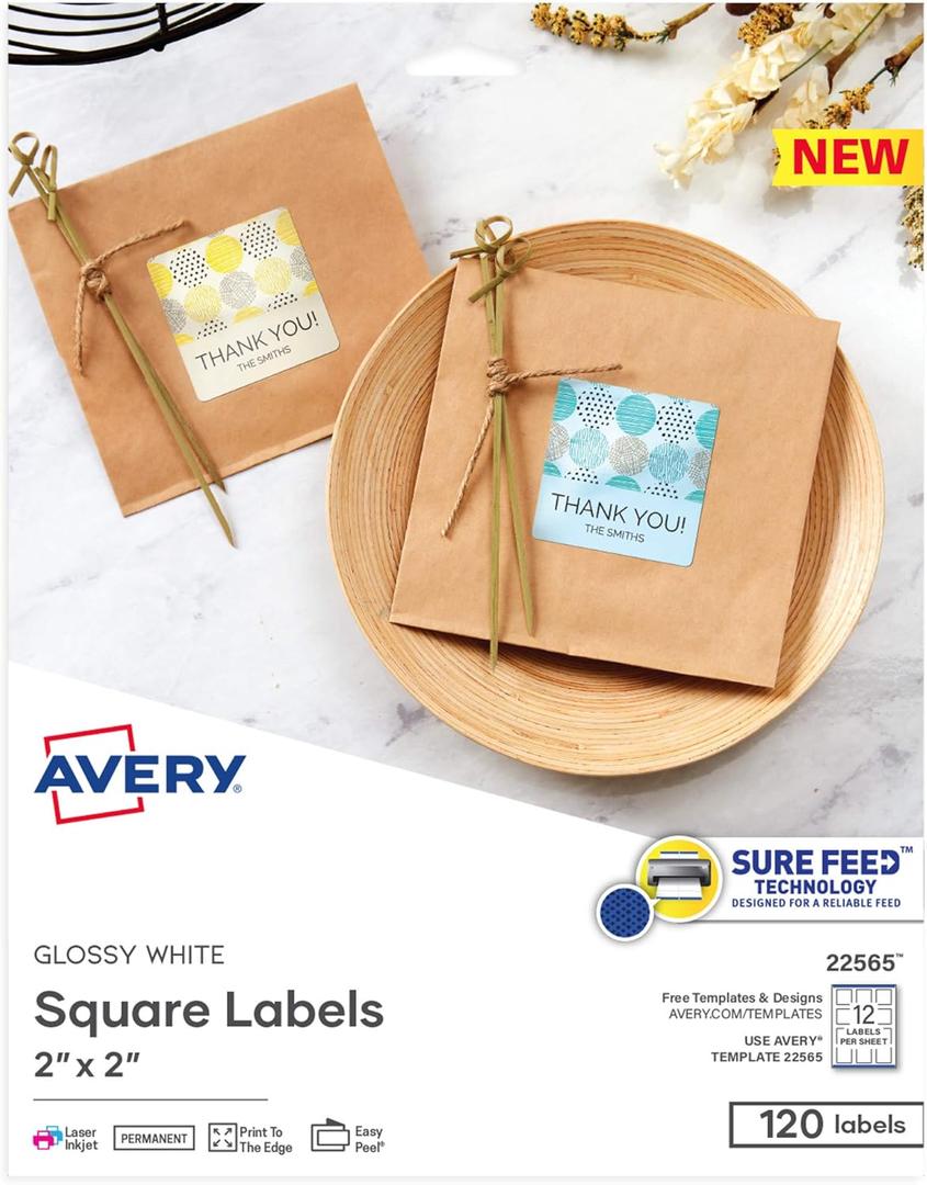 Avery Printable Blank Square Labels, 2" x 2", Glossy White, 120 Customizable Labels (22565)