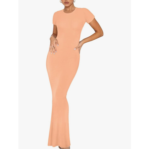 REORIA Women's Basic Summer Casual Lounge Long Dress Elegant Short Sleeve Crew Neck Bodycon Maxi Dresses, XL