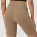 ODODOS Women's Crossover Yoga Shorts with Back Pocket, 8" Buttery Soft V High Waist Lounge Biker Shorts, Light Brown, Large (L)