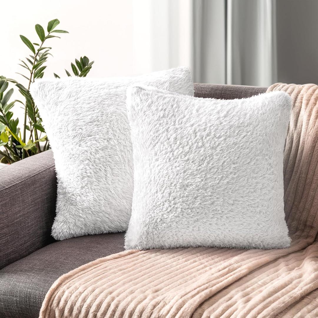 PAVILIA Fluffy White Throw Pillow Covers, Decorative Accent Pillow Cases for Bed Sofa Couch, Soft Faux Fur Cushion Cover, Square Sherpa Pillowcases, Home Room Decor, White, 18x18 Set of 2